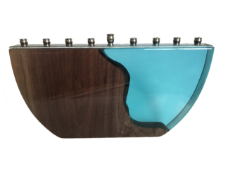 Menorah, Walnut, Blue Translucent Resin